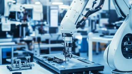 Poster - A robot performing precision repairs on advanced aerospace equipment in a clean, high-tech workshop with organized tools and components, Aerospace tech style