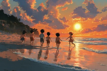 Canvas Print - a group of children walking along a beach at sunset