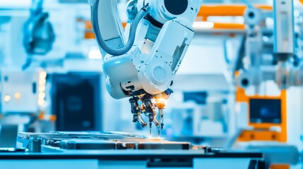 Poster - A robot performing precision repairs on advanced aerospace equipment in a clean, high-tech workshop with organized tools and components, Aerospace tech style