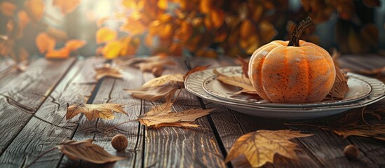 Wall Mural - a fall themed table setting featuring leaves and a pumpkin on a rustic wooden table with space for t