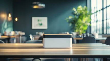 Poster - High table with a modern lunch box in an office space, perfect for business or life