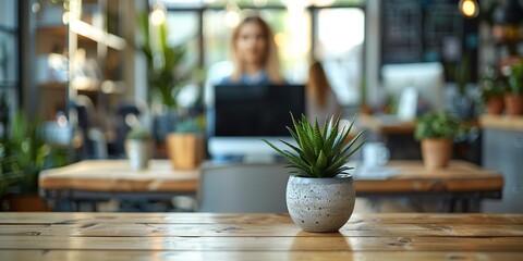 Wall Mural - A modern office setting showcasing a beautifully decorated workspace with a focus on a green potted plant on a wooden desk, blending nature with productivity