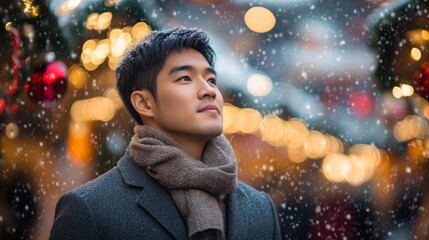 Poster - A young man stands still, gazing upward as snow falls around him in a vibrant winter market adorned with twinkling lights. The festive atmosphere enhances the joy of the holiday season.