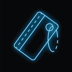 Poster - Neon blue icon of a retail price tag glowing against a dark background