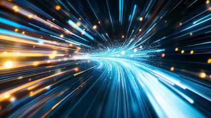Poster - Vibrant light trails depict rapid data transfer, merging blue and orange hues in a flowing, energetic pattern