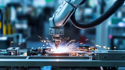 Poster - A robot performing precision welding on a high-tech assembly line with various components, clean and sophisticated industrial workshop, Modern style