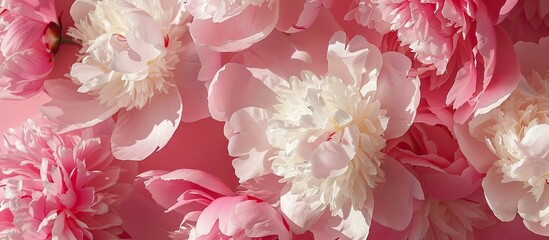 Poster - Peonies in pink and white hues displayed on a bright background providing room for text or images. Copy space image. Place for adding text and design