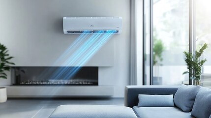 Poster - Innovative air conditioning system in a modern living room, showcasing comfort and advanced climate control