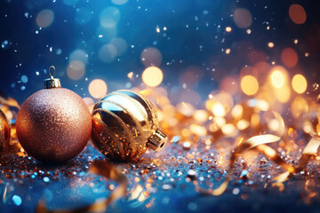 Poster - Christmas balls on a blue background, varying sizes and colors, creating a festive and vibrant holiday display.