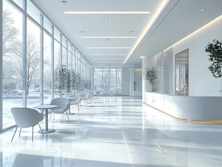 Poster - modern break area in an office furnished with minimalist white tables and chairs
