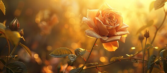 Poster - A stunning rose with soft yellow lighting in the background perfect for artwork with a copy space image