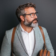 A stylish man in a blazer with glasses, looking thoughtfully to the side.