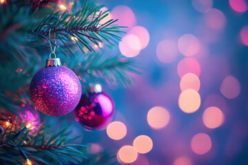 Poster - Christmas tree with purple background balls.