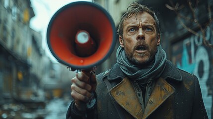 A man shouts fiercely into a megaphone, his face filled with passion and intensity as he speaks to a crowd in a gritty urban environment, highlighting the raw emotion of the moment.