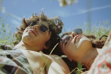 Sticker - Couple of happy young adult picnic photography sunglasses portrait.