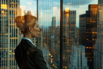 Sticker - A woman looks out the window at a bustling city