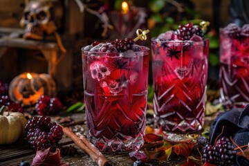 Two wine glasses filled with red liquid sitting on a table