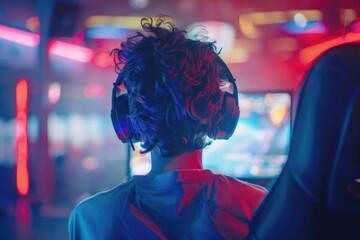 Poster - a person sitting in front of a computer monitor with a focused expression