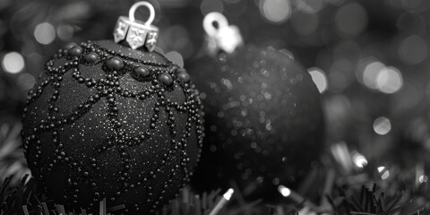 Elegant black and white photograph capturing intricate details of two christmas ornaments adorned with beads, set against a blurred festive background