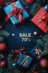 Wall Mural - Christmas background with sign 70% sale.  