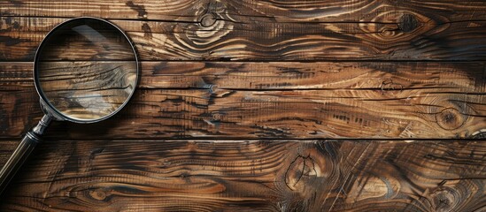 Wooden background with a magnifying glass zooming in on a paused text message displaying a space for additional text or images commonly referred to as a copy space image