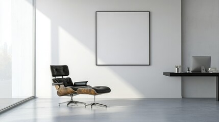 Poster - Large blank frame in a minimalist office with sleek furniture