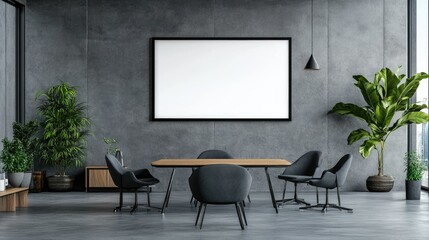 Poster - Large blank frame in a minimalist office with sleek furniture