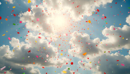 Colorful confetti raining from the sky under a bright sun with fluffy clouds
