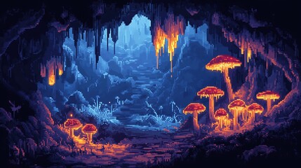 Wall Mural - Pixel art battlemap set in a dark cave with stalactites and glowing mushrooms