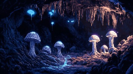 Wall Mural - Pixel art battlemap set in a dark cave with stalactites and glowing mushrooms