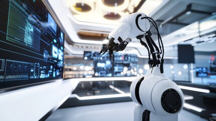 Poster - A robot working in a high-tech virtual design studio with large digital displays and creative software, clean and modern environment, Design-tech style