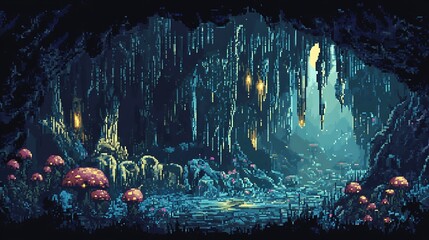 Wall Mural - Pixel art battlemap set in a dark cave with stalactites and glowing mushrooms