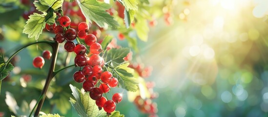 Canvas Print - Scenic rural landscape featuring a garden fruit bush liberally bearing ripe juicy currants against a blurred background creating a serene copy space image conveying the essence of healthy vitamin ric