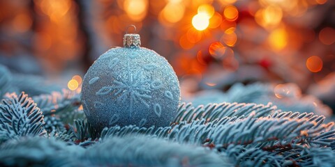 A beautifully decorated Christmas ornament resting on snow-covered pine branches, illuminated by warm and vibrant holiday lights in the background