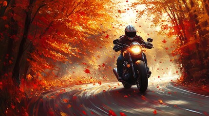 Poster - A helmeted biker riding along a winding road surrounded by vibrant autumn foliage, the trees ablaze with shades of red, orange, and yellow, fallen leaves swirling behind the motorcycle,