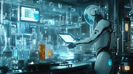 Poster - futuristic robot working in a high-tech lab, showcasing the possibilities of artificial intelligence