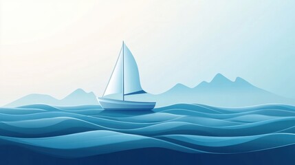 Fototapete - A sailboat navigates smooth, minimalist waves as gentle colors of dawn illuminate the calm ocean and distant mountains. Generative AI