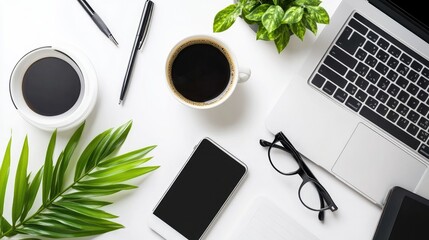 Poster - Minimalist office desk with sleek tech gadgets and a cup of coffee
