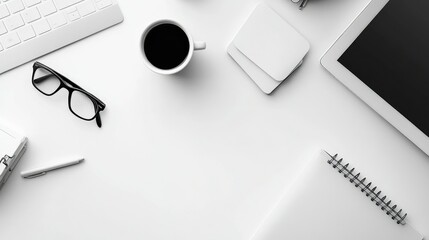 Poster - Minimalist office desk with sleek tech gadgets and a cup of coffee