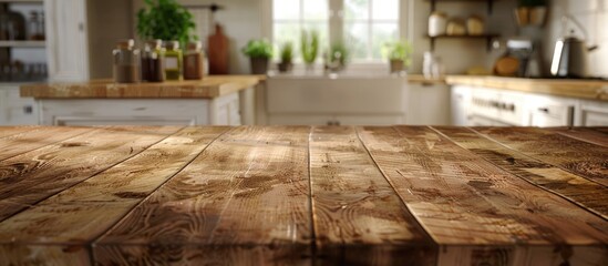 Wall Mural - Wooden table with empty surface blurred kitchen backdrop perfect for displaying products in a copy space image