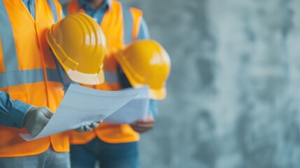 Construction workers in safety vests and helmets examine blueprints on site, ensuring project accuracy and safety compliance.