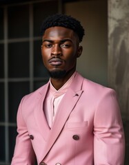 Portrait of an African American male model dressed in trendy clothes in pink colors. Stylish image of a modern man. The image of everyday urban clothing.