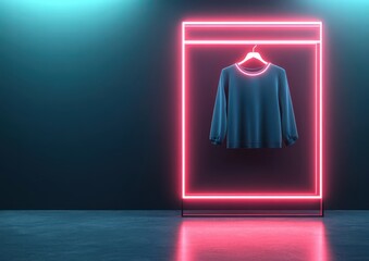 Poster - A glowing neon display featuring a stylish blue garment, set against a dark, minimalistic backdrop, creating a modern fashion showcase.