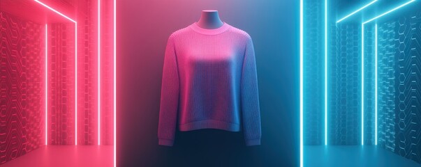 Poster - A stylish garment displayed under vibrant pink and blue lights, creating an immersive, futuristic ambiance that highlights the design.