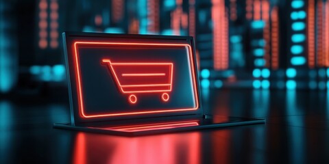 Poster - A glowing shopping cart icon on a digital screen in a futuristic, neon-lit environment, suggesting an online shopping experience.