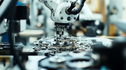 Poster - A robotic arm assembling intricate clockwork mechanisms in a precision engineering workshop, clean and detailed workspace, Mechanical style