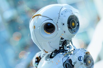 Poster - A detailed view of a robot's facial features, with a blurred out background