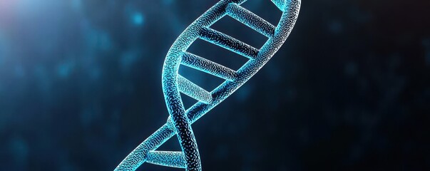 Close-up of a blue glowing DNA double helix on a dark background.