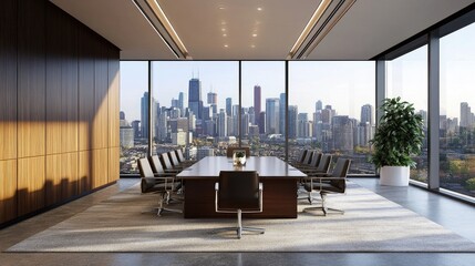 Modern boardroom with a large window view of a cityscape