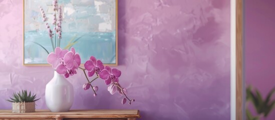 Sticker - Beautiful orchid flower on a commode with a painting nearby against a lilac wall providing a serene backdrop for a copy space image